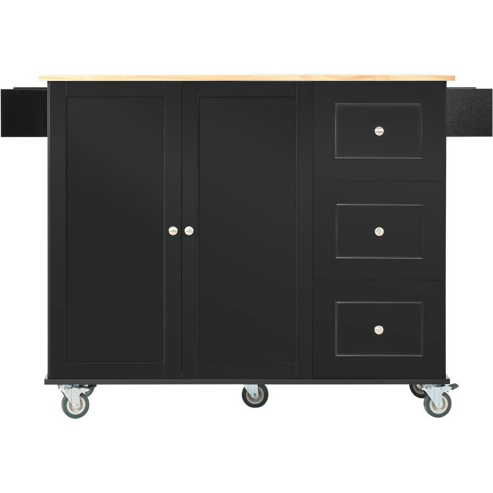 Black Solid Wood Top 52.7 in. W Kitchen Island on 5 Wheels with Storage