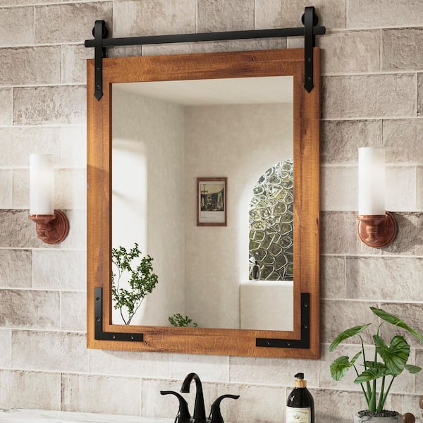 22 in. W x 30 in. H Rectangular Barn Door Brown Mirrors Wood Framed Mirror Farmhouse Bathroom Vanity Mirror