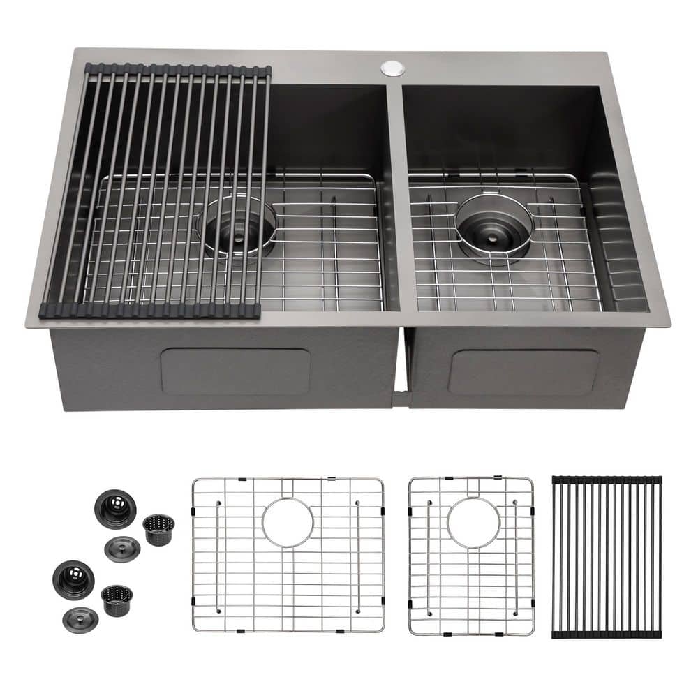 33 in. Drop-In 60/40 Double Bowl 18-Gauge Gunmetal Black Stainless Steel Ki