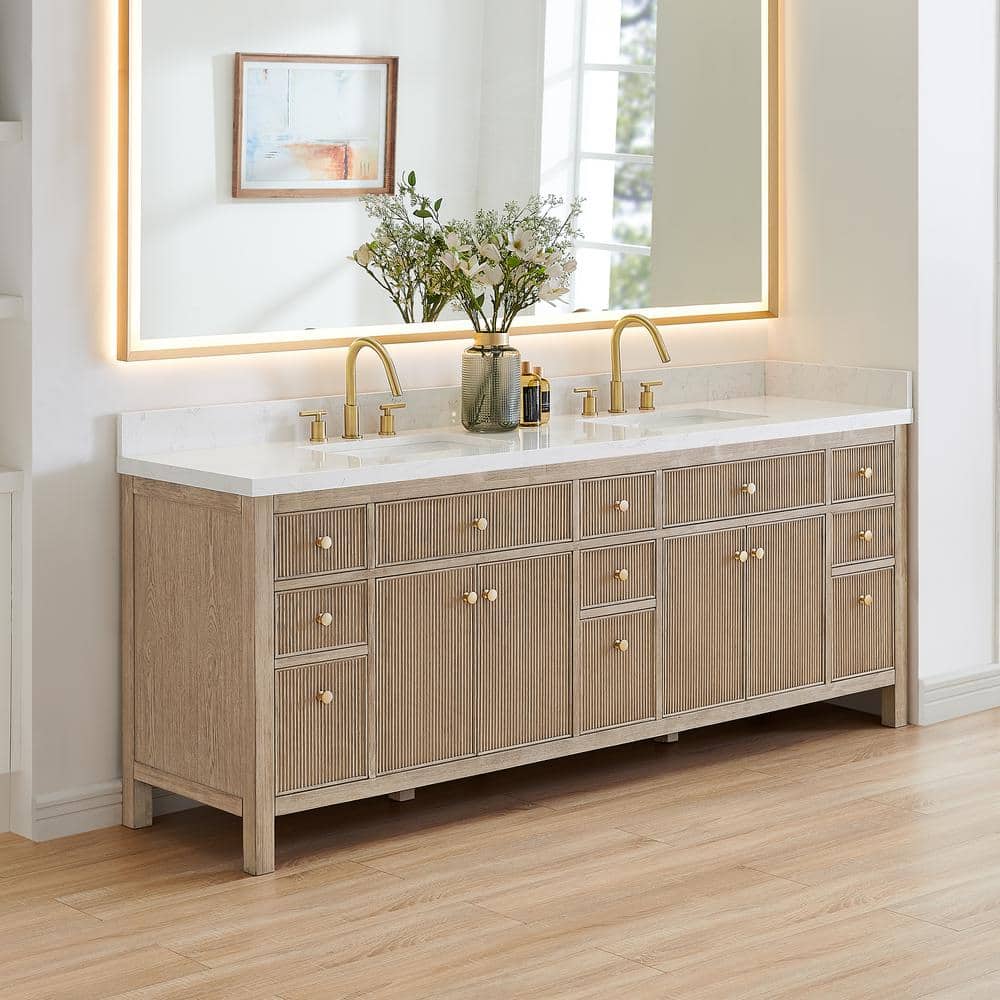 Cerrito 84" Natural Oak Double Vanity with Engineered Stone Top
