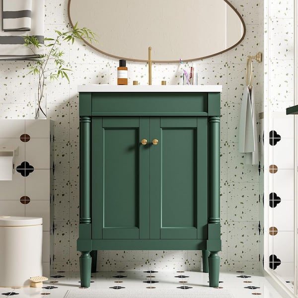 24 in. Freestanding Single Sink Green Bath Vanity with White Ceramic Top