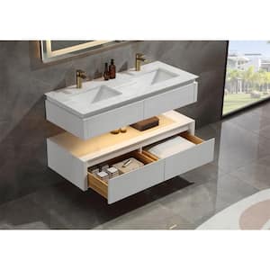 48.01 in. W Modern Floating Bath Vanity in White with Lighting, Double Sink, Drawer, White Cultured Marble Top