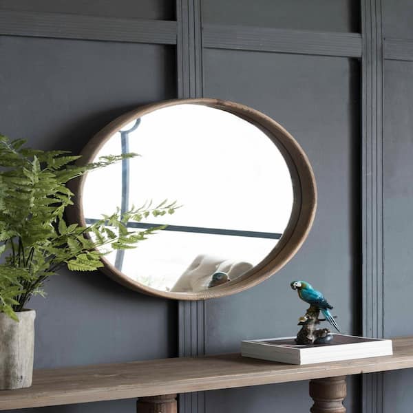 Unbranded Modern 28 in. W x 28 in. H Round Frame Brown Wood Wall Mounted Mirror, Home Decor for Living Room, Bathroom, Entrance