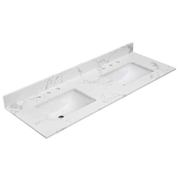 YASINU 61 in. W x 22 in. D Engineered Stone Composite White Rectangular Double Sink Bath Vanity Top in Belly White