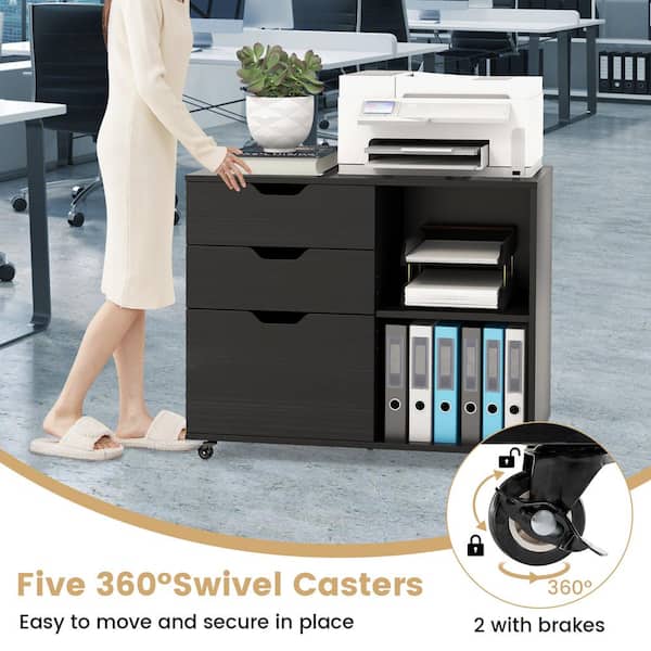 Gymax 3-Drawer Black Wood 32 in. W Vertical File Cabinet w/Open