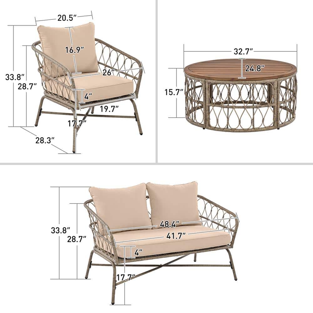 4-Piece Beige Wicker Patio Set with Brown Wood Table