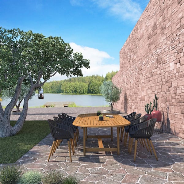 Amazonia RiRi 9-Piece Eucalyptus Wood Patio Rectangular Outdoors Dining Table Set Ideal for in Black
