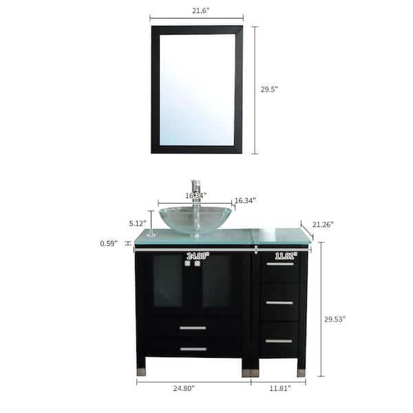 36 in. W x 21.3 in. D x 29.1 in. H Single Sink Bath Vanity in Black with Glass Top and Mirror