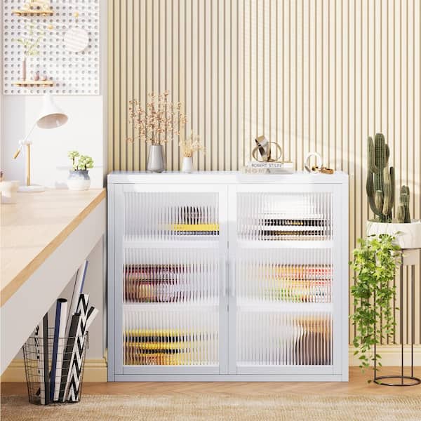 Tahanbath Retro Haze Double-Glass Door Cabinet with Removable Shelves-Versatile White Storage Solution