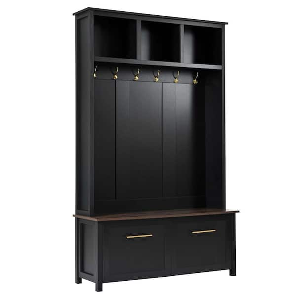 Versatile 4-in-1 Hall Tree with 6 Golden Hooks, Brown Wood Grain Bench with Multiple Storage Space, 2 Drawers, Black
