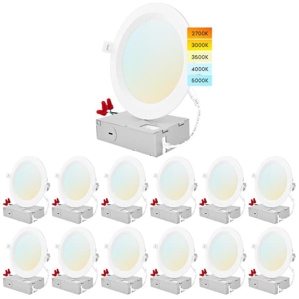 LUXRITE 6 in. 14W CCT 3000K, 4000K, 5000K Canless Ultra Thin J-Box Remodel Integrated LED Recessed Light Kit Baffle (12-Pack)