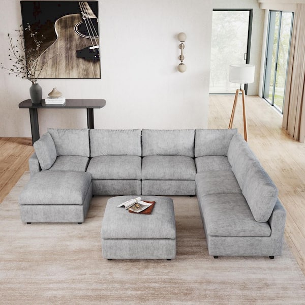 Oversized 134 in. Square Arm 8-Piece Chenille Modular Sectional Sofa with 2-Chaise Ottomans, Detachable Coves in. Gray