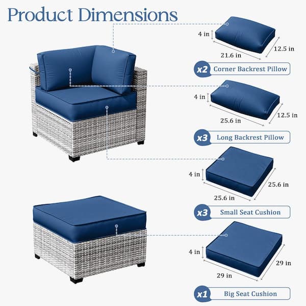 25.6 in. x 25.6 in. x 4 in. (9-Piece) Deep Seating Outdoor Lounge Chair Sectional Cushion Blue