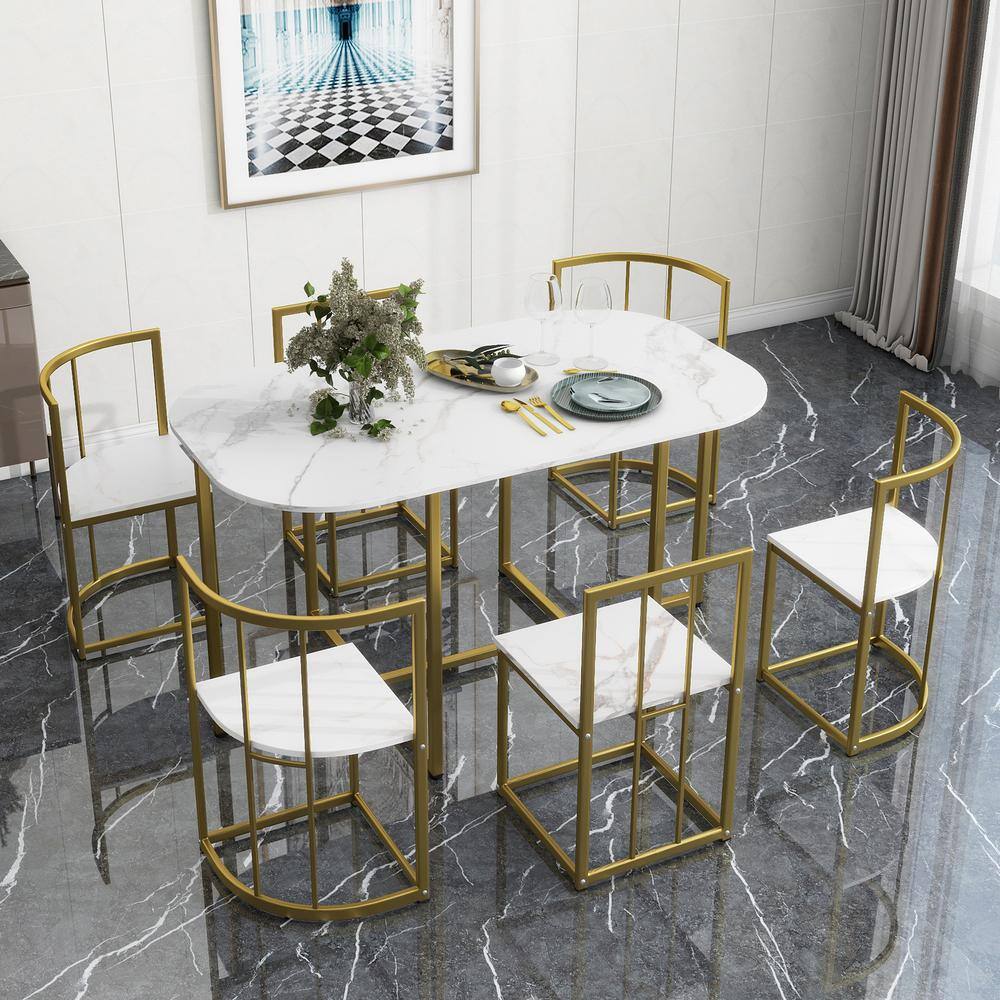 7-Piece Metal Outdoor Dining with Faux Marble Compact 55 Inch Kitchen Table