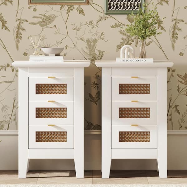 Unbranded 2-Piece White 3-Drawer Wood Nightstand with Rattan-Woven Surfaces 15.7 in. W Side Tables Modern End Table Bedside Table