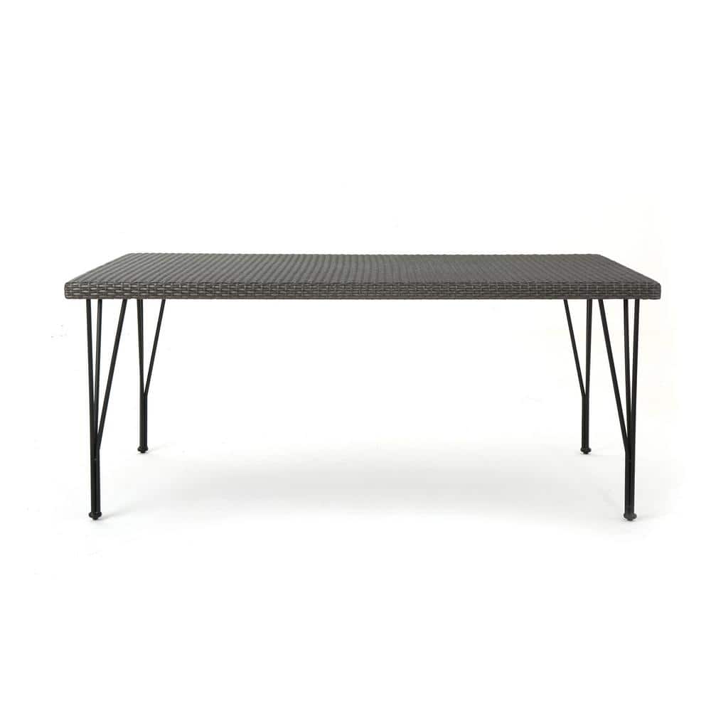 Gray Wicker Rectangular Patio Dining Table with Iron Frame