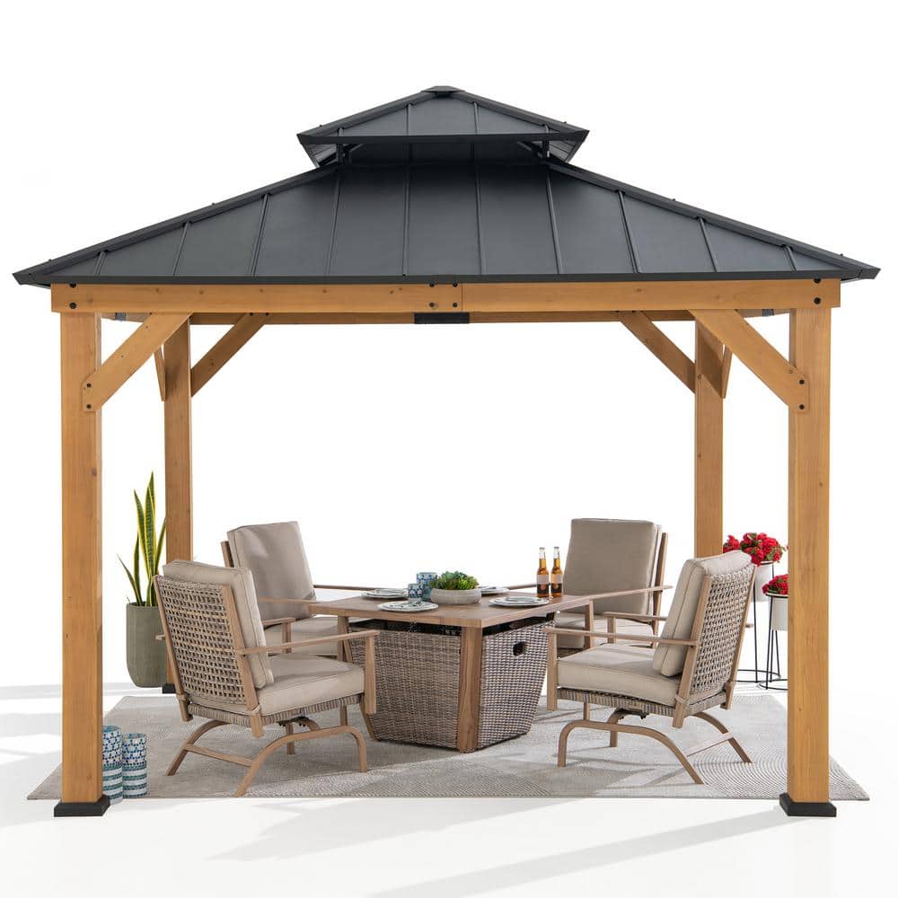 Sunjoy 11 ft. Black Steel Roof Cedar Wood Frame Gazebo