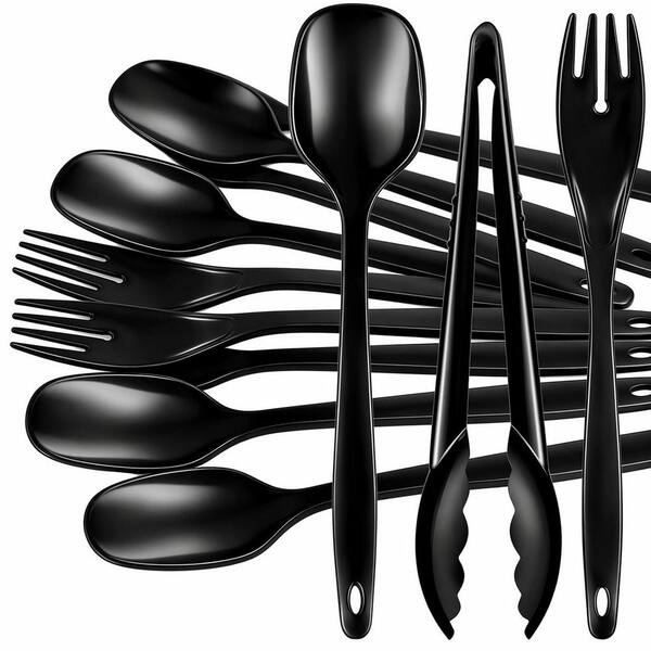 20-Piece Disposable Serving Utensil Set with 8 Black Plastic Spoons, 8 Forks, and 4 Tongs for Catering