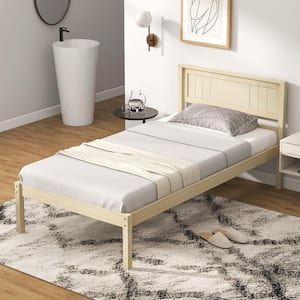 Natural Yellow Wood Frame Twin Size Platform Bed Frame with Headboard Mattress Foundation