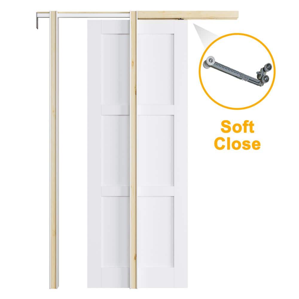 24 in. x 80 in. 3-Paneled White Primed Solid Core Wood Door Slab w/ Pocket Door Frame and Hardware (Soft Close Included) price history on PriceWatchPro