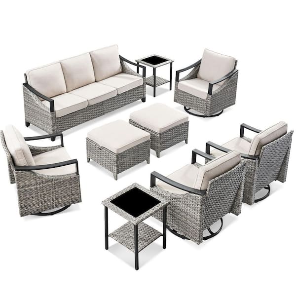 9-Piece Metal and Wicker Patio Conversation Set w/ Swivel Chairs Outdoor Deep Seating Sofa Set with Beige Cushions