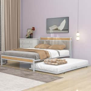White Metal Frame Queen Size Platform Bed with Trundle, Upholstered Headboard, Sockets, and USB Ports