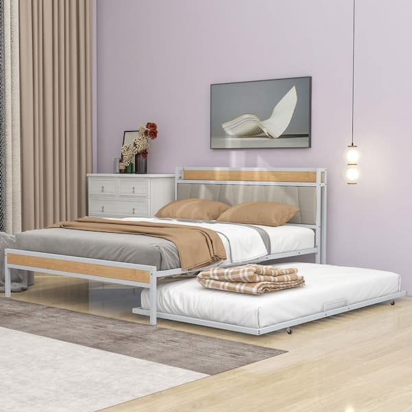 Harper & Bright Designs White Metal Frame Queen Size Platform Bed with Trundle, Upholstered Headboard, Sockets, and USB Ports