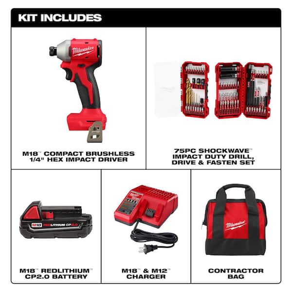 Milwaukee M18 18V Compact Brushless 1/4 in. Impact Driver Kit 2.0