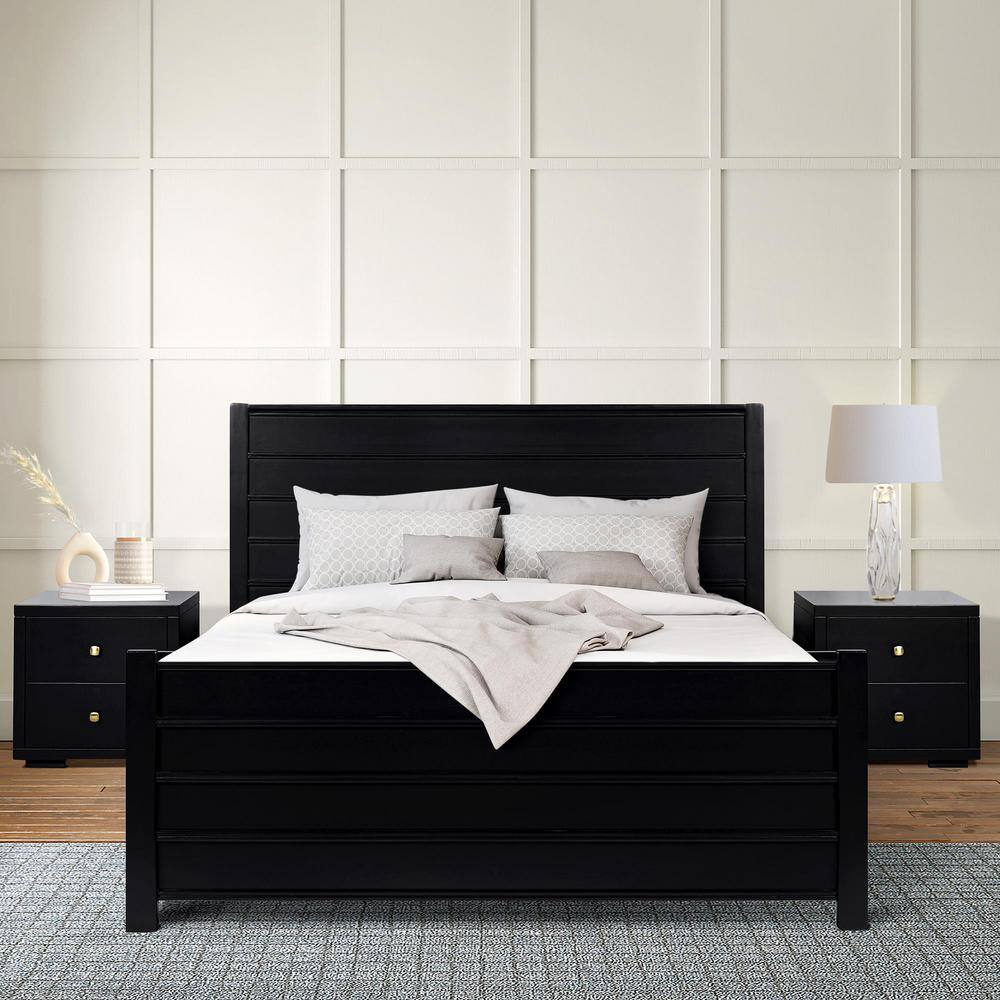 Black Pine Queen Platform Bed with Paneled Headboard