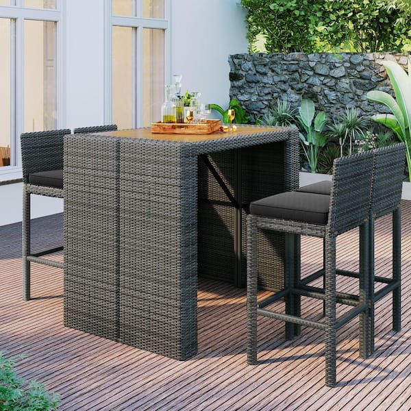 Sudzendf 5-Piece Wicker Outdoor Serving Bar Set with Gray Cushion, Brown Wood And Gray Wicker