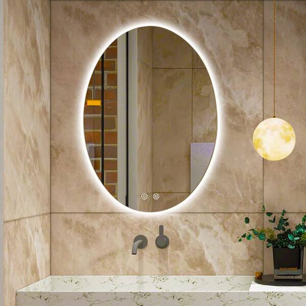 Unbranded 20 in. W x 28 in. H Oval Frameless Wall Mount Bathroom Vanity Mirror in Silver with LED Light Anti-Fog Touch Control