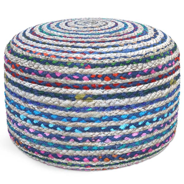 Simpli Home Margo Boho Round Pouf in Blue Braided Jute