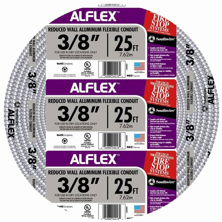Southwire 3/8 in. x 25 ft. Alflex RWA Metallic Aluminum Flexible Conduit