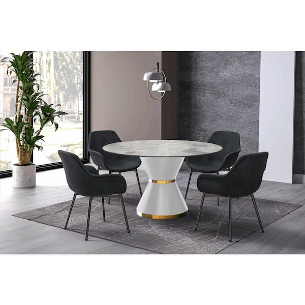 Leisuremod Modern Dining Table with a Round Sintered Stone Tabletop in White Steel Seats 6-10 Qorvus Collection in Light Grey