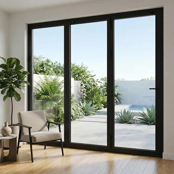 108 in. x 96 in. Matte Black Left to Right Out-Swing Thermal Break Aluminum Folding Patio Door with Locks