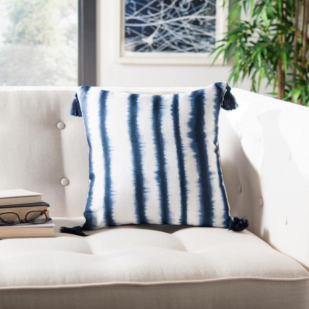 Cassia 16" Square Black and Blue Polyester Pillow with Tassels