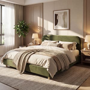 Solara Modern Olive Green Boucle Fabric Upholstered Metal Frame California King Platform Bed with Curved Thick Headboard