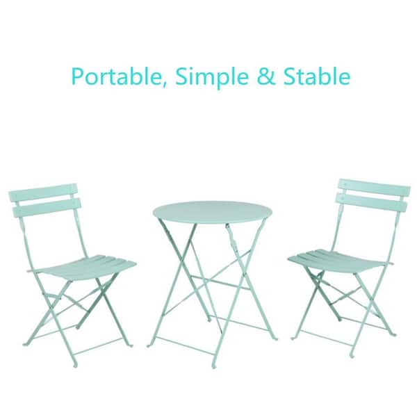 PATIOGUARDER 3-Piece Steel Outdoor Bistro Folding Metal Patio Furniture Set Mint Green