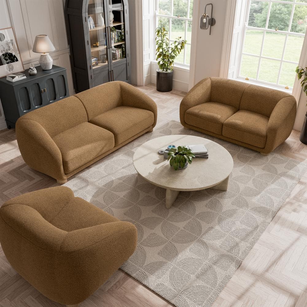 Waxley Brown Boucle Barrel Accent Chair with Wooden Legs
