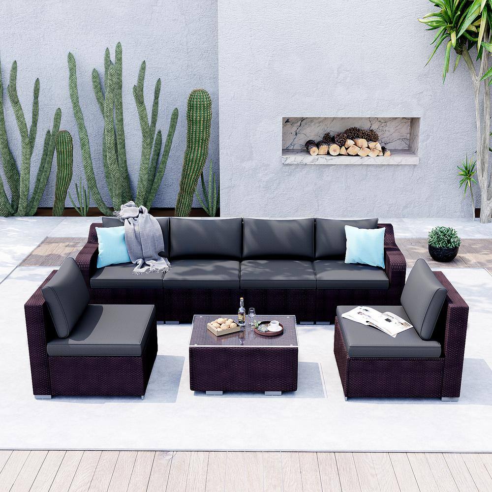 Modern 7-Piece Wine Red Wicker Outdoor Sofa Patio Conversation Seating Set 
