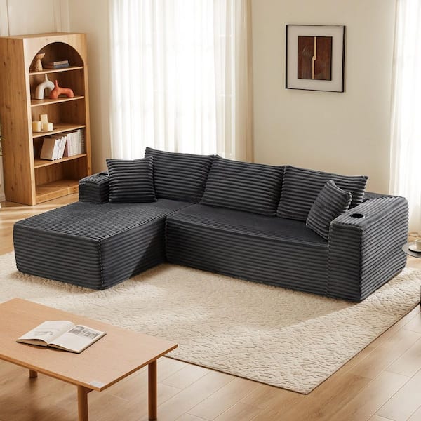 104.3 in. Square Arm Polyester L-Shaped Full Foam Modular Sectional Sofa in. Gray with Cupholders, No Assembly