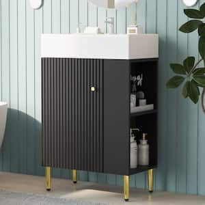 21.6 in. W Single Sink Freestanding Black Bath Vanity with White Ceramic Top Unassembled with Right side storage