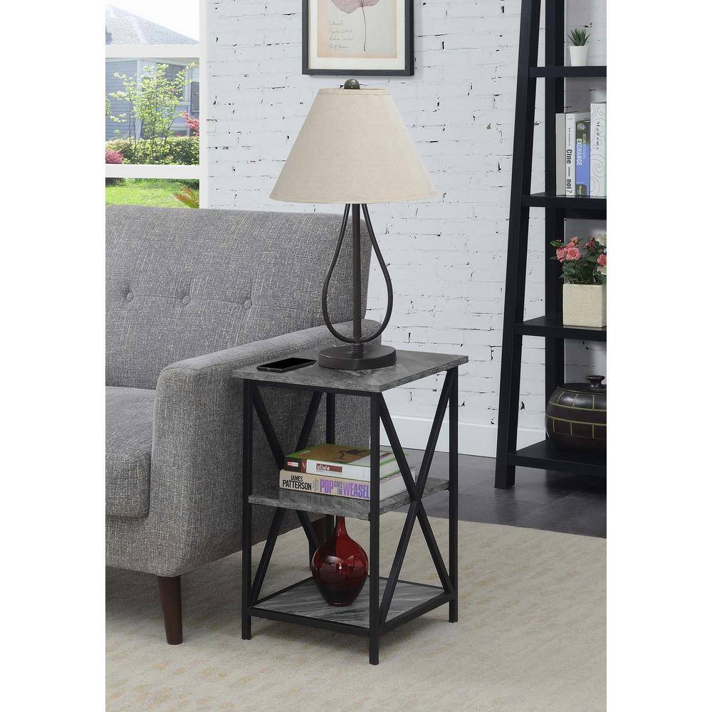 Gray Faux Marble Wood and Metal End Table with Shelves
