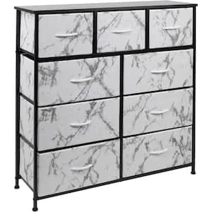 39.5 in. L x 11.5 in. W x 39.5 in. H 9-Drawer Marble White Black steel Frame Dresser Wood Top Easy Pull Fabric Bins