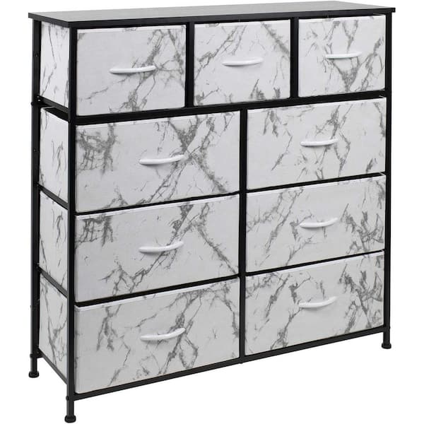 Sorbus 39.5 in. L x 11.5 in. W x 39.5 in. H 9-Drawer Marble White Black steel Frame Dresser Wood Top Easy Pull Fabric Bins