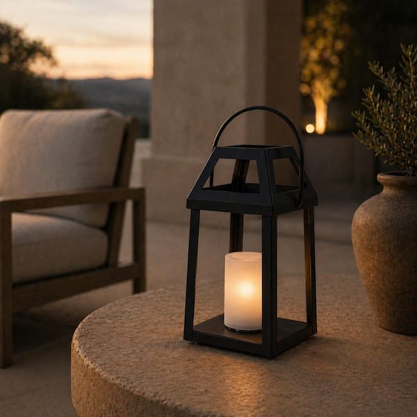 ALOA DECOR H13” Solar Outdoor Lantern with Flickering Candle Metal Solar Lantern with Handle, Waterproof Patio Table for Garden H7371T16BK03A