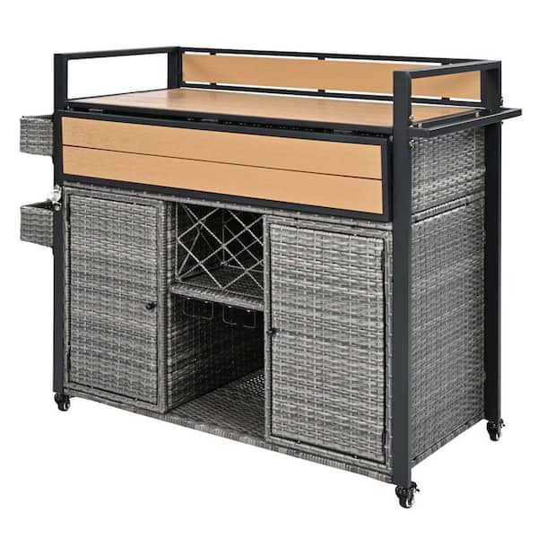 Grey Wicker Outdoor Serving Bars with Storage Cabinet