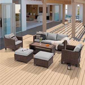 6-Piece Patio Sofa Set Brown Wicker Outdoor Furniture Set with Coffee Table, Linen Grey
