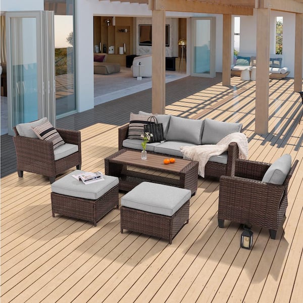 Sonkuki 6-Piece Patio Sofa Set Brown Wicker Outdoor Furniture Set with Coffee Table, Linen Grey