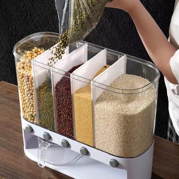 1-Piece Wall Mounted 5 Grid Cereal Dispenser, Dry Food Dispenser with Measuring Cup
